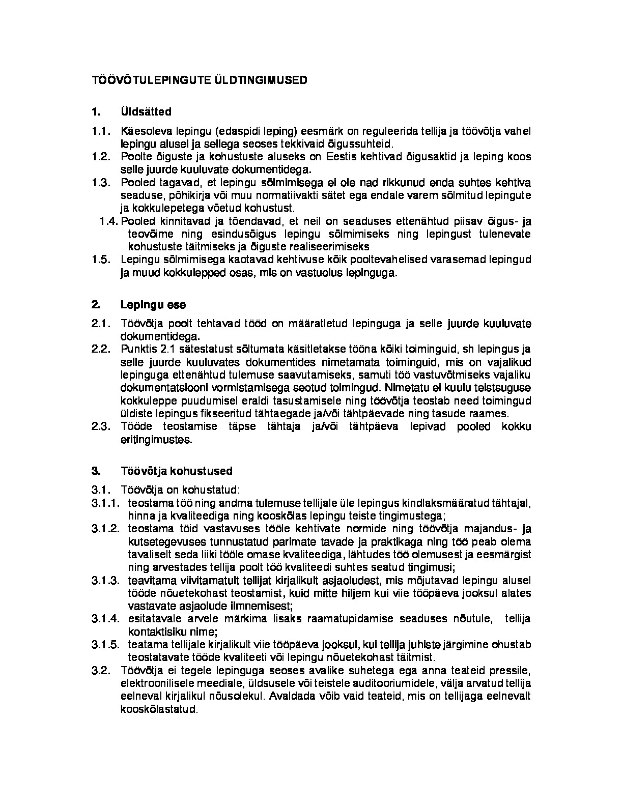 Töövõtulepingute üldtingimused kuni 30.11.2020 sõlmitud lepingutele 