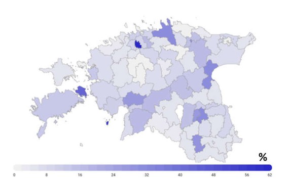 Joonis 2. Võlanõustamisteenuse saajate osa toimetulekutoetuse saajatest kohalikes omavalitsustes 2024. aastal  