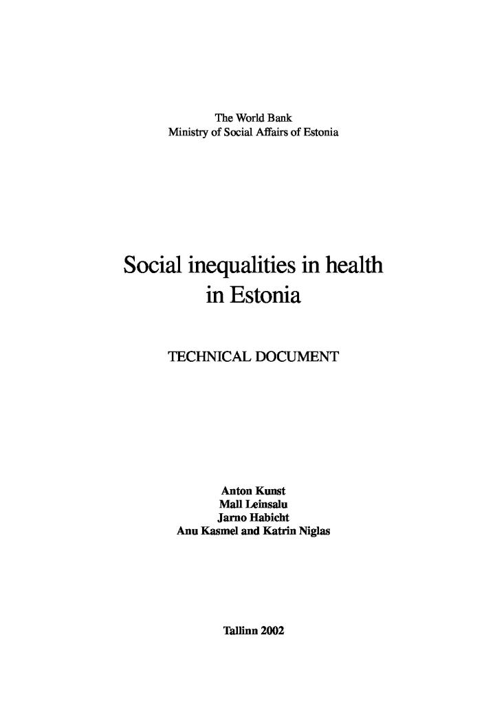 Social inequalities in health in Estonia. Technical document