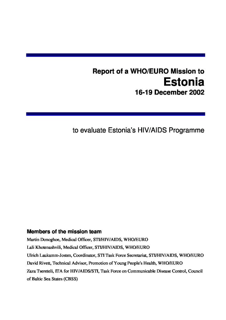 Report of a WHO/EURO Mission to Estonia 16-19 Detsember 2002