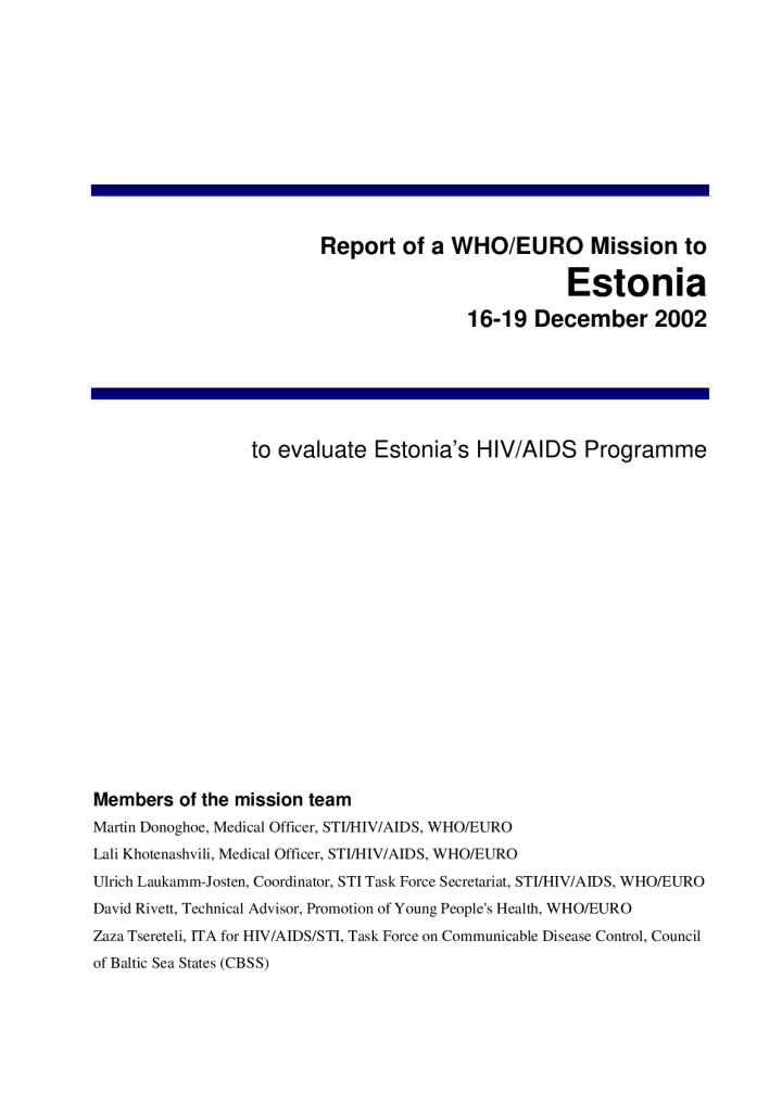 Report of a WHO/EURO Mission to Estonia 16-19 Detsember 2002