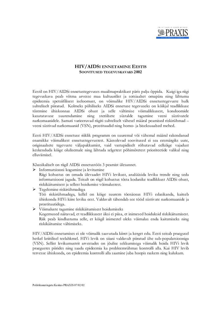 HIV/AIDSi ennetamine Eestis. Soovitused tegevuskavaks 2002 