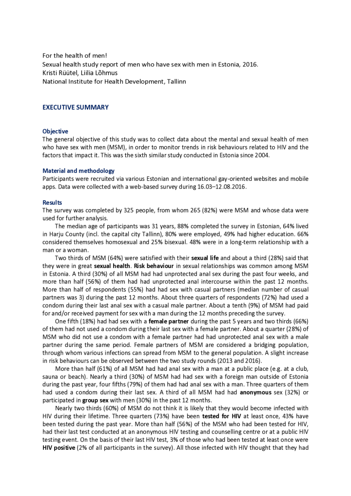 Sexual health study report of men who have sex with men in Estonia, 2016