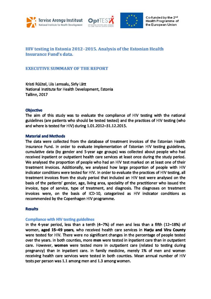 HIV testing in Estonia 2012–2015. Analysis of the Estonian Health Insurance Fund’s data