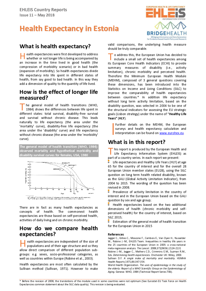 Health Expectancy in Estonia (Issue 11, May 2018)
