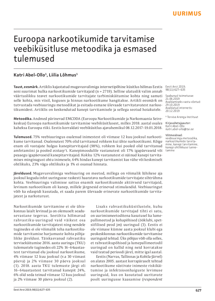 Euroopa narkootikumide tarvitamise veebiküsitluse metoodika ja esmased tulemused