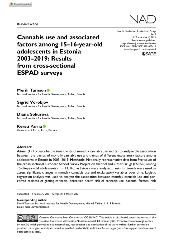 Cannabis use and associated factors among 15–16-year-old adolescents in Estonia2003–2019_Results from cross-sectional ESPAD surveys