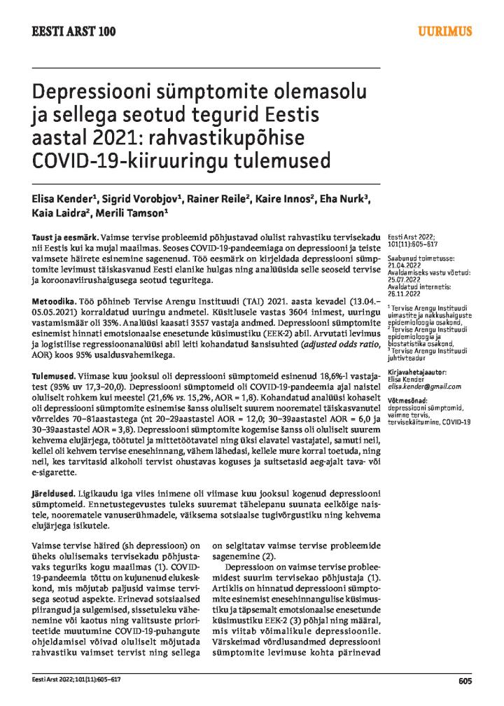 Depressiooni sümptomite olemasolu ja sellega seotud tegurid Eestis aastal 2021: rahvastikupõhise COVID-19-kiiruuringu tulemused