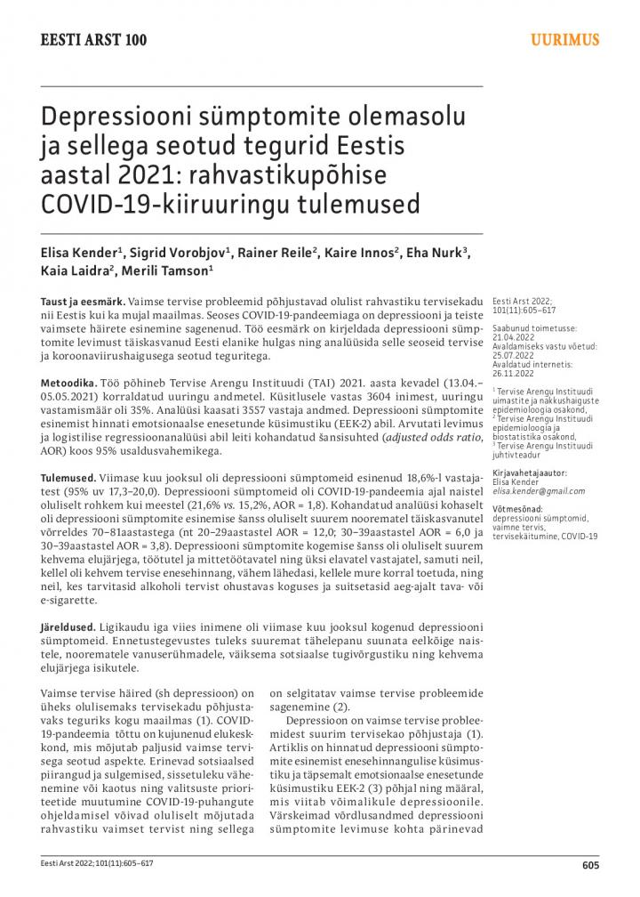 Teadusartikkel_ Depressiooni sümptomite olemasolu Eestis_2021_covid19_uuring