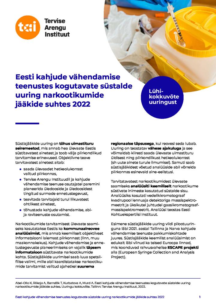 Eesti kahjude vähendamise teenustes kogutavate süstalde uuring narkootikumide jääkide suhtes 2022.pdf